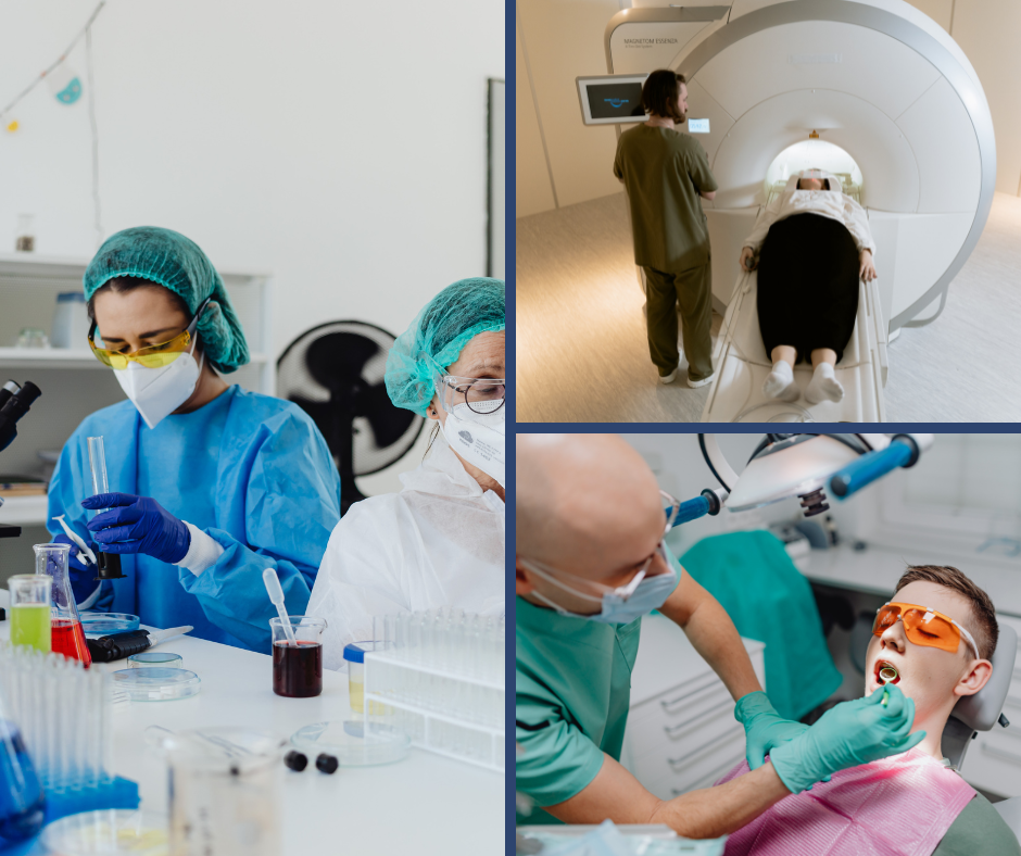 Collage de profesionales sanitarios y administrativos con el texto “Nuevos test C1 Sanitario y C1 Gestión y Servicios en Test Online OPE”