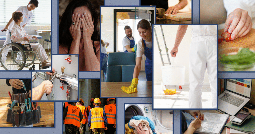 Collage de profesiones sanitarias y de servicios con el texto “Nuevos test disponibles en Test Online OPE”.